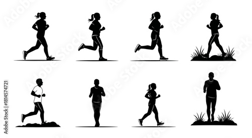 Eight silhouette icons of active people jogging and running in various styles including casual clothing trail grass and portrait views for workout concept