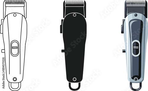 Electric hair clippers grooming tool for cutting and trimming hair vector illustration icons, silhouette 