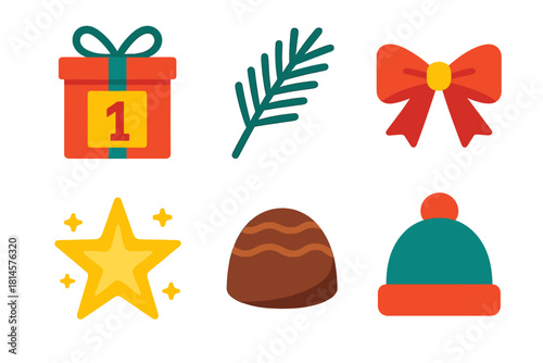 Modern Advent Symbols. Advent Figures flat icon set : tiny box with number, pine branch, festive ribbon, glowing star, chocolate treat, winter hat