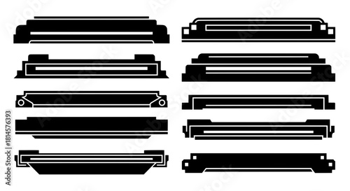 Set of horizontal black silhouettes featuring geometric platforms, bases, and decorative borders for modern graphic design and user interface layouts.
