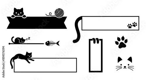 Set of black cat text boxes featuring playful kittens, yarn balls, sleeping cats, and paw prints for cute lower thirds and stream overlays.