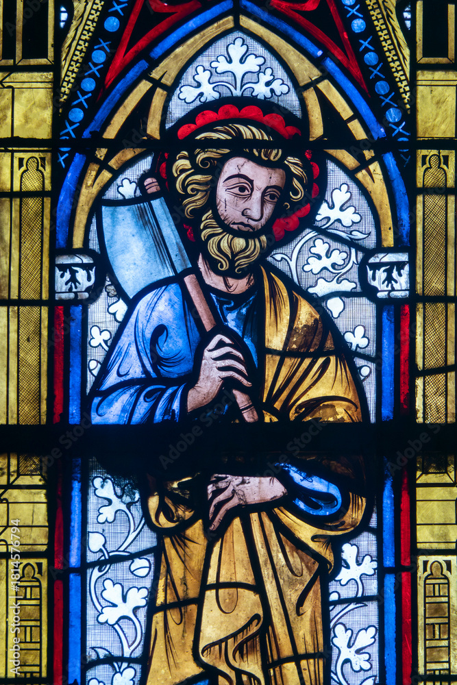 Fototapeta premium Stained glass (19th century) of Saint Matthew the Apostle. Saint of the Roman Catholic Church.