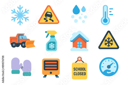 Winter Weather Icons. Winter Weather Alerts flat icon set: snowflake, icy road sign, sleet pellets, thermometer below zero, snowplow, de-icer bottle, roof snow load icon, black ice
