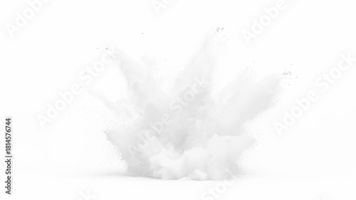 White paint color powder explosion. White powder explosion creating a dynamic cloud effect on a white background for creative projects.