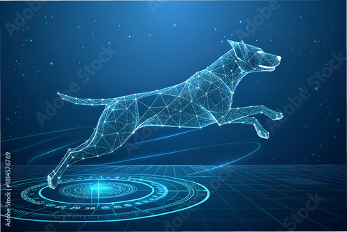 Wireframe-style holographic dog leaping in digital blue environment with abstract tech elements.  generative ai