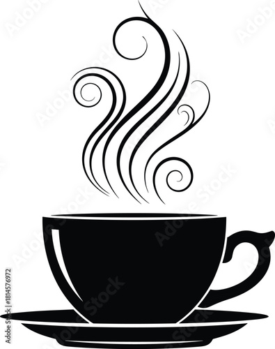 Black silhouette vector icon of hot coffee cup on saucer with decorative swirling steam, isolated illustration on white background.