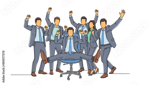 Business celebration vector illustration with central office chair and enthusiastic team in suits