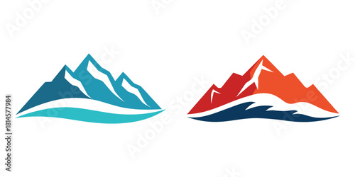 Mountain range vector logo with snowy peaks and water illustration design