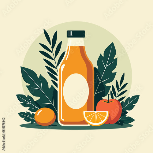 Orange juice bottle with fruits and green leaves in illustration  