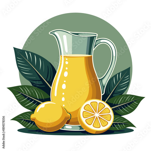 Lemonade pitcher with fresh lemons on green leaves background  