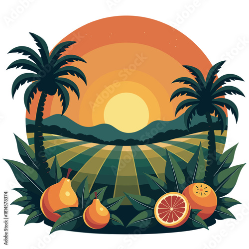 Sunset over fruit field with palm trees and oranges in foreground  