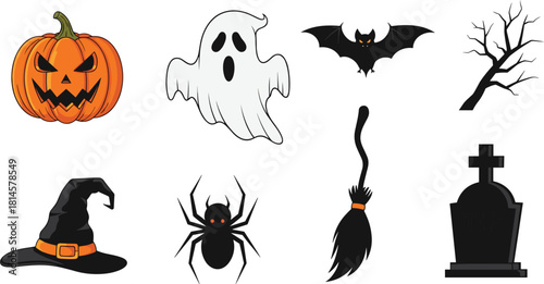 Ultimate black and orange Halloween vector icon set featuring spooky ghost, carved pumpkin, haunted house, witch, bat, spider, and tombstone elements for graphic design.