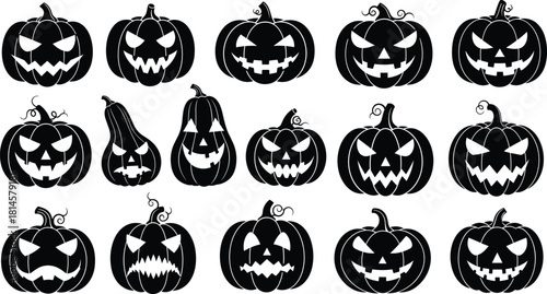 Set of spooky Jack-O'-Lantern silhouettes, flat vector illustration, scary black pumpkins with evil grins and carved faces for Halloween holiday decoration and greeting cards.