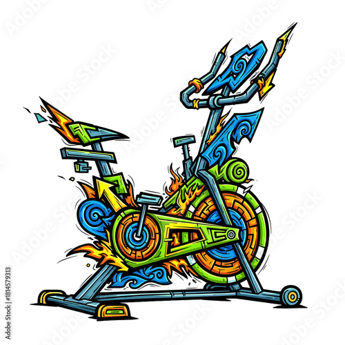 Vibrant Graffiti Style Vector Stationary Bike, Energetic Fitness Equipment on Transparent Background