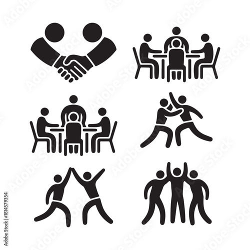 Teamwork, Meeting, and Partnership Icons Vector Set