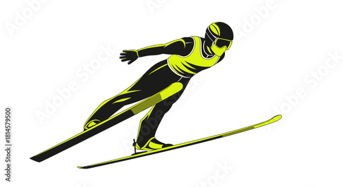 Dynamic ski jumper soaring through the air with vibrant colors, perfect for sports promotions and winter events, adding excitement to your designs