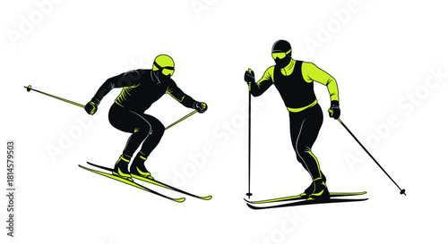 Dynamic skiers gliding down slopes with poles in hand, a vibrant action scene perfect for winter sports advertising and outdoor recreation campaigns