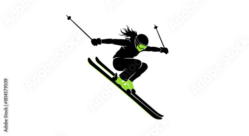 Dynamic skier silhouette executing a jump with skill and style, perfect for winter sports promotions or action-packed adventure themes, conveying speed and excitement
