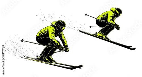 Dynamic skiers carving down slopes, capturing the thrilling essence of winter sports and the exhilarating freedom of mountain adventures in fresh powder