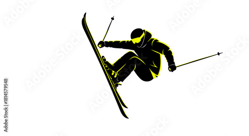 Dynamic skier silhouette executing freestyle jump for extreme winter sports promotions and action-packed adrenaline adventures on the slopes, fresh powder