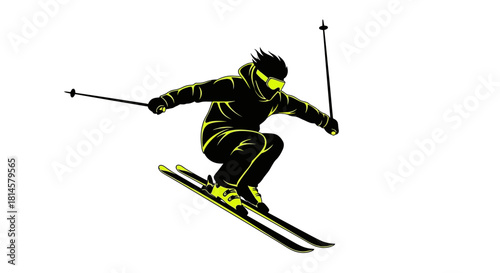 Dynamic skier performing aerial trick with sleek design against stark white background, perfect for extreme sports branding and modern winter campaigns