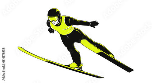 Fotografie Dynamic ski jumper illustration ready for flight, poised for action in vibrant y
