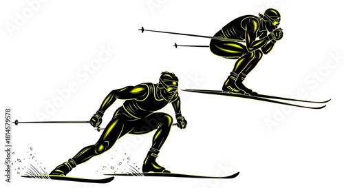 Dynamic skiers speeding down the slopes, a thrilling illustration of winter sports and athletic prowess, perfect for action-packed designs and adventurous themes