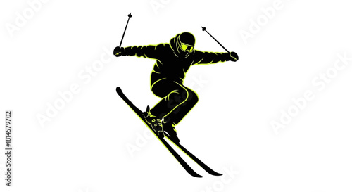 Dynamic skier silhouette performing freestyle jump with energized outline for extreme sports brand or winter event promotion, bold and eye catching