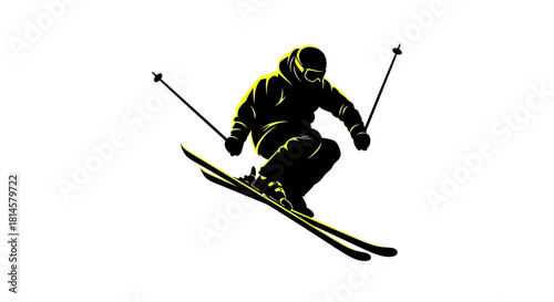 Dynamic skier silhouette soaring through fresh powder, perfect for winter sport promotions and outdoor adventure brands, capturing the thrill of extreme sports