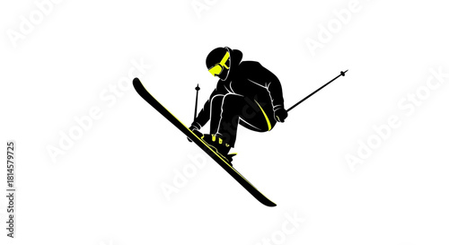Dynamic skier silhouette mid-air with bright yellow accents evokes thrilling winter sports action and extreme performance in a minimal stylish design