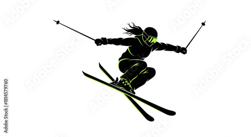 Dynamic silhouette of a skier soaring through the air with vibrant green accents, perfect for sports promotions and winter adventure campaigns