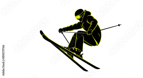 Dynamic skier silhouette with vibrant yellow accents mid-air, perfect for sports branding and winter promotions, conveying energy and excitement