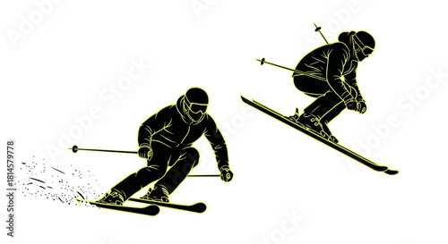 Dynamic skiers carving down mountain slopes with speed and precision, perfect for winter sports marketing or travel ads, promoting adventure and athleticism