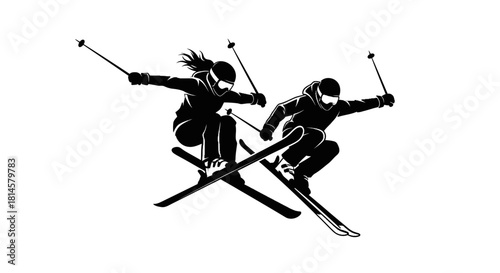 Dynamic skiers soaring through the air, embrace the thrill of winter sports, perfect for adventure and active lifestyle campaigns, skiing excitement