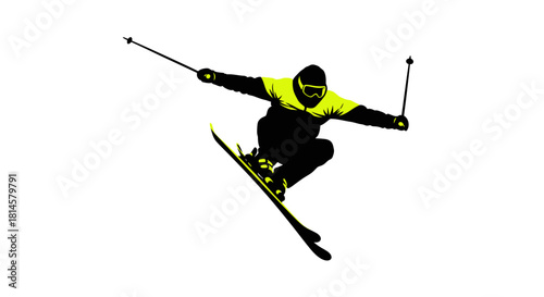 Dynamic skier soaring through the air with vibrant style, perfect for adventurous brands and energetic campaigns seeking a bold winter sports theme