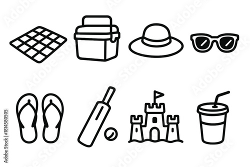 Summer Picnic Icons. Outdoor Celebration linear icon set: picnic rug, esky cooler, sun hat, sunglasses, flip-flops, cricket bat, sandcastle, drinks cup