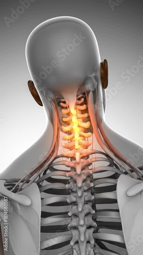 Human back anatomy, skeleton, spine, muscles, medical illustration