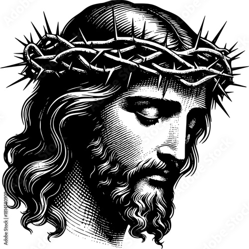 Solemn Gaze: A reverent portrait of a man, eyes closed, adorned with a crown of thorns, representing deep reflection. 