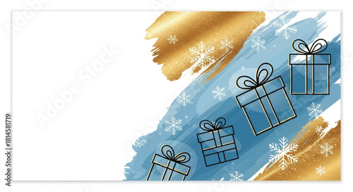 Elegant Christmas Gift Boxes with Gold Brush Stroke and Blue Watercolor Background Banner
