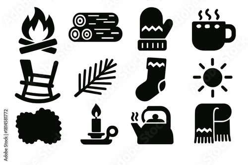 Cozy Winter Icons. Hearth Comfort silhouette icon set : crackling fire, log stack, wool mitten, mug of cocoa, rocking chair, pine branch, knit stocking, warm glow, fuzzy rug