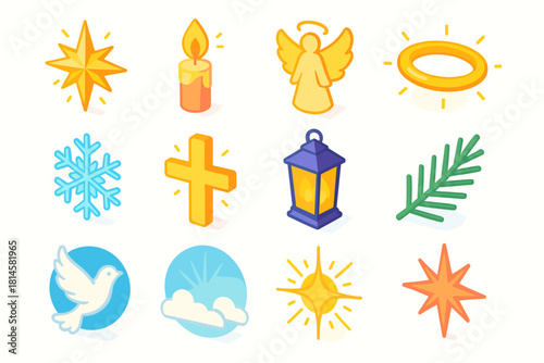 Christmas Symbol Icons. Christmas Divine Light flat icon set: radiant star, candle flame, angel silhouette, golden halo, snowflake, glowing cross, lantern, pine branch, dove