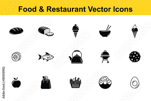 Collection of black and white food and restaurant vector icons