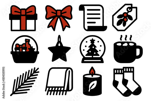 Festive Gift Icons. Holiday Gift Guides silhouette icon set: festive box, red ribbon, wishlist scroll, mistletoe tag, gift basket, star label, snow globe, hot cocoa mug, pine