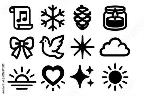 Winter Song Icons. Winter Song silhouette icon set : music scroll, snowflake, pinecone, candle jar, ribbon tie, dove, radiant light, soft cloud, sunrise glow, glowing heart, gentle