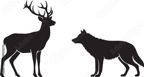 Majestic deer and wolf silhouettes facing each other in natural wilderness