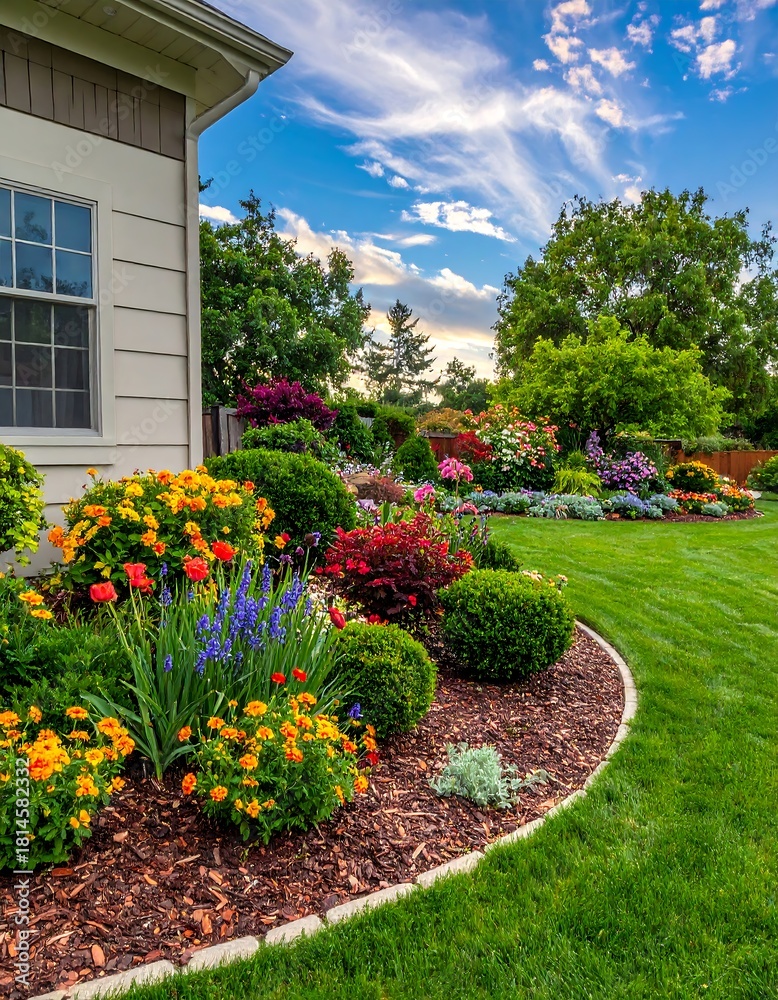 Fototapeta premium Lush Garden Landscape with Vibrant Flowers and Manicured Lawn.