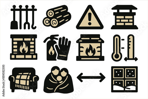 Winter Safety Icons. Winter Fire Precautions silhouette icon set: fireplace tools, stacked firewood, warning sign, chimney cap, extinguisher nearby, safety gloves, clear area rule