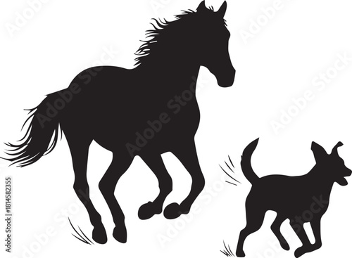 Dynamic silhouette of a horse and dog running together in motion on a white canvas