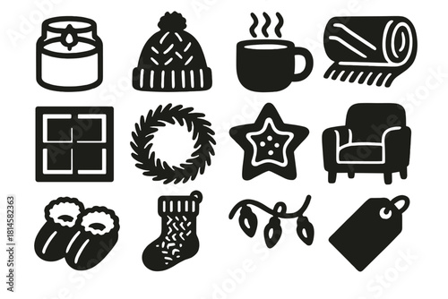 Cozy Celebration Icons. Cozy Celebration silhouette icon set : candle jar, wool hat, steaming drink, blanket roll, cabin window, pine wreath, festive cookie, cozy chair, warm