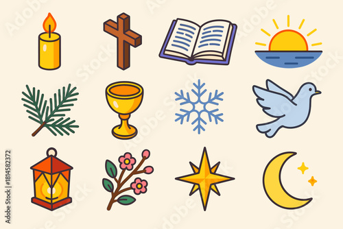 Orthodox New Year Icons. Orthodox New Year New Beginnings flat icon set: glowing candle, wooden cross, open bible, rising sun, pine branch, holy chalice, snowflake, peaceful dove
